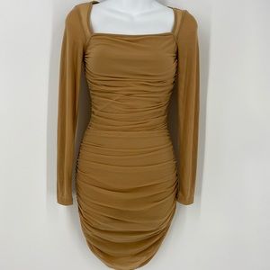 Nude Ruched Long Sleeved Dress